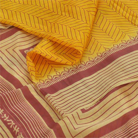 Sanskriti Vintage Sarees Indian Yellow Pure Silk Printed Sari 5yd Craft Sustainable Fabric