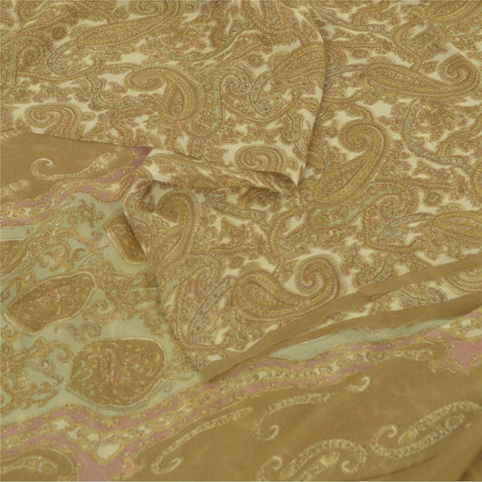 Sanskriti Vintage Sarees Cream Blend Georgette Print Sari 6yd Soft Craft Sustainable Fabric