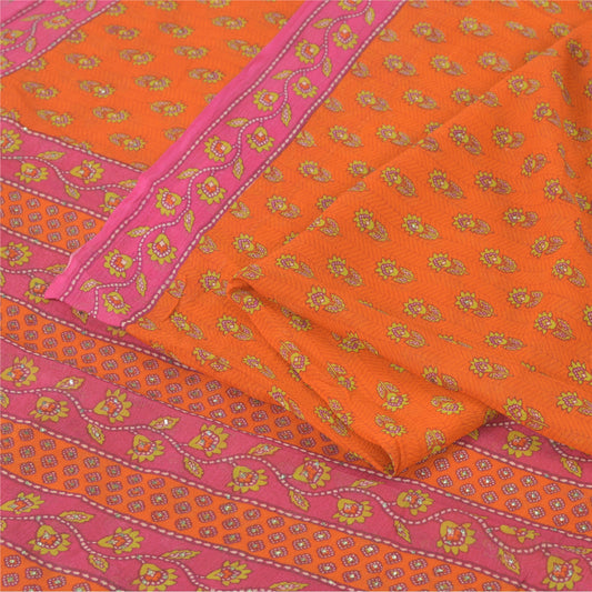 Sanskriti Vintage Sarees Orange/Pink Pure Chiffon Silk Printed Sari Craft Sustainable Fabric