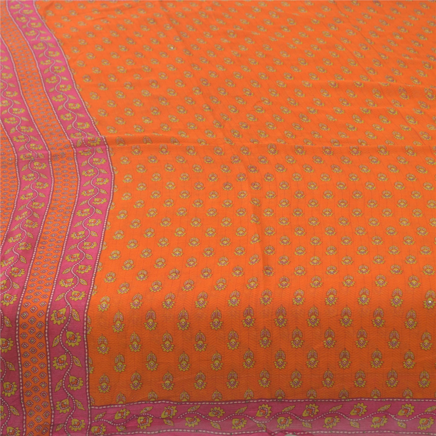 Sanskriti Vintage Sarees Orange/Pink Pure Chiffon Silk Printed Sari Craft Sustainable Fabric