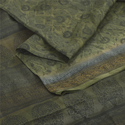 Sanskriti Vintage Sarees Green Indian Pure Cotton Printed Sari 5yd Craft Sustainable Fabric