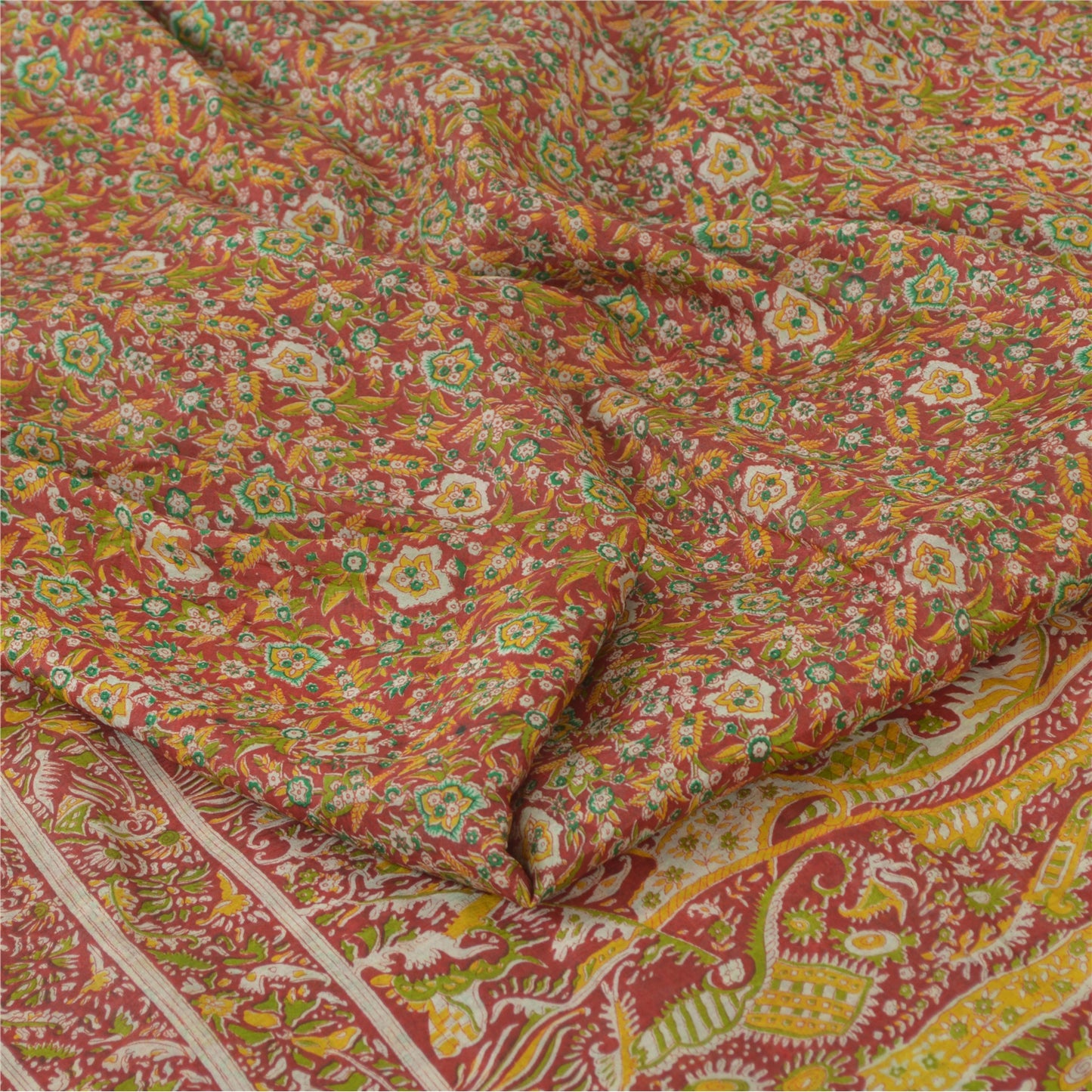 Sanskriti Vintage Sarees From India Red Pure Silk Printed Sari 5yd Craft Sustainable Fabric