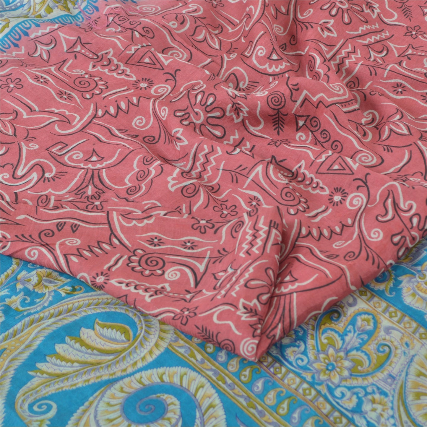 Sanskriti Vintage Sarees Pink/Blue 100% Pure Silk Printed Sari 5yd Craft Sustainable Fabric
