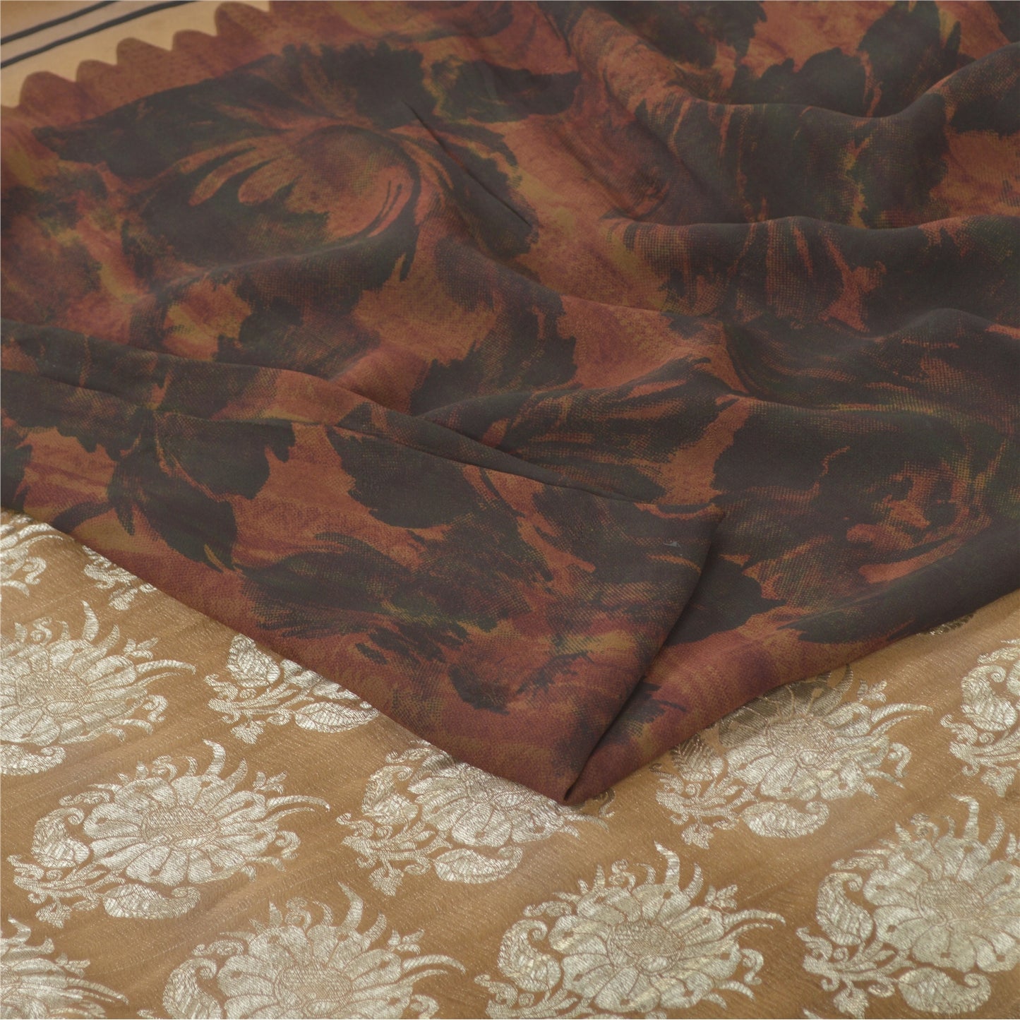 Sanskriti Vintage Sarees Red/Black Blend Chiffon Print Woven Sari 6yd Sustainable Fabric