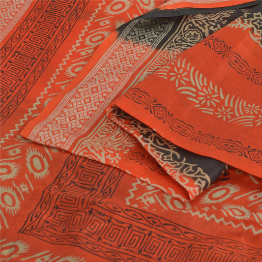 Sanskriti Vintage Sarees Black/Orange Pure Silk Printed Sari 5yd Craft Sustainable Fabric