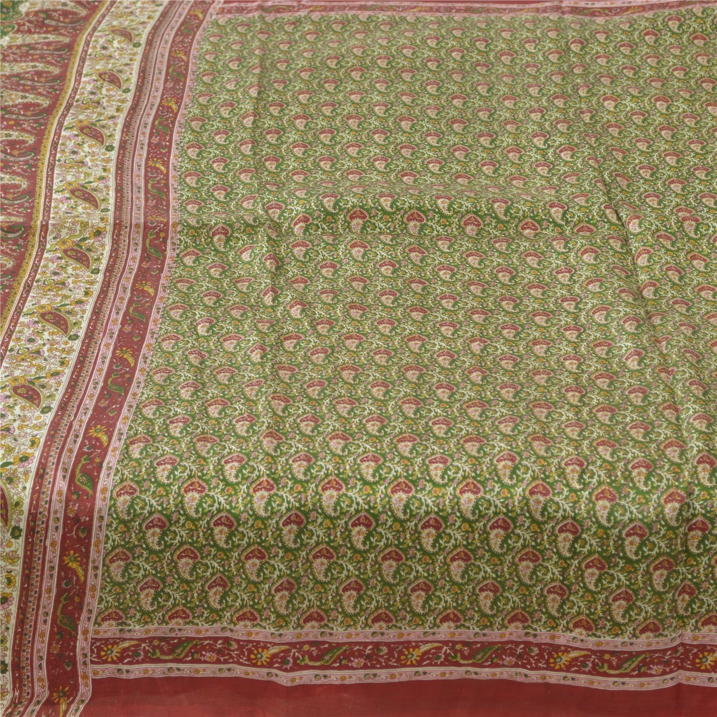 Sanskriti Vintage Sarees Green/Red Indian Pure Silk Print Sari 5yd Craft Sustainable Fabric