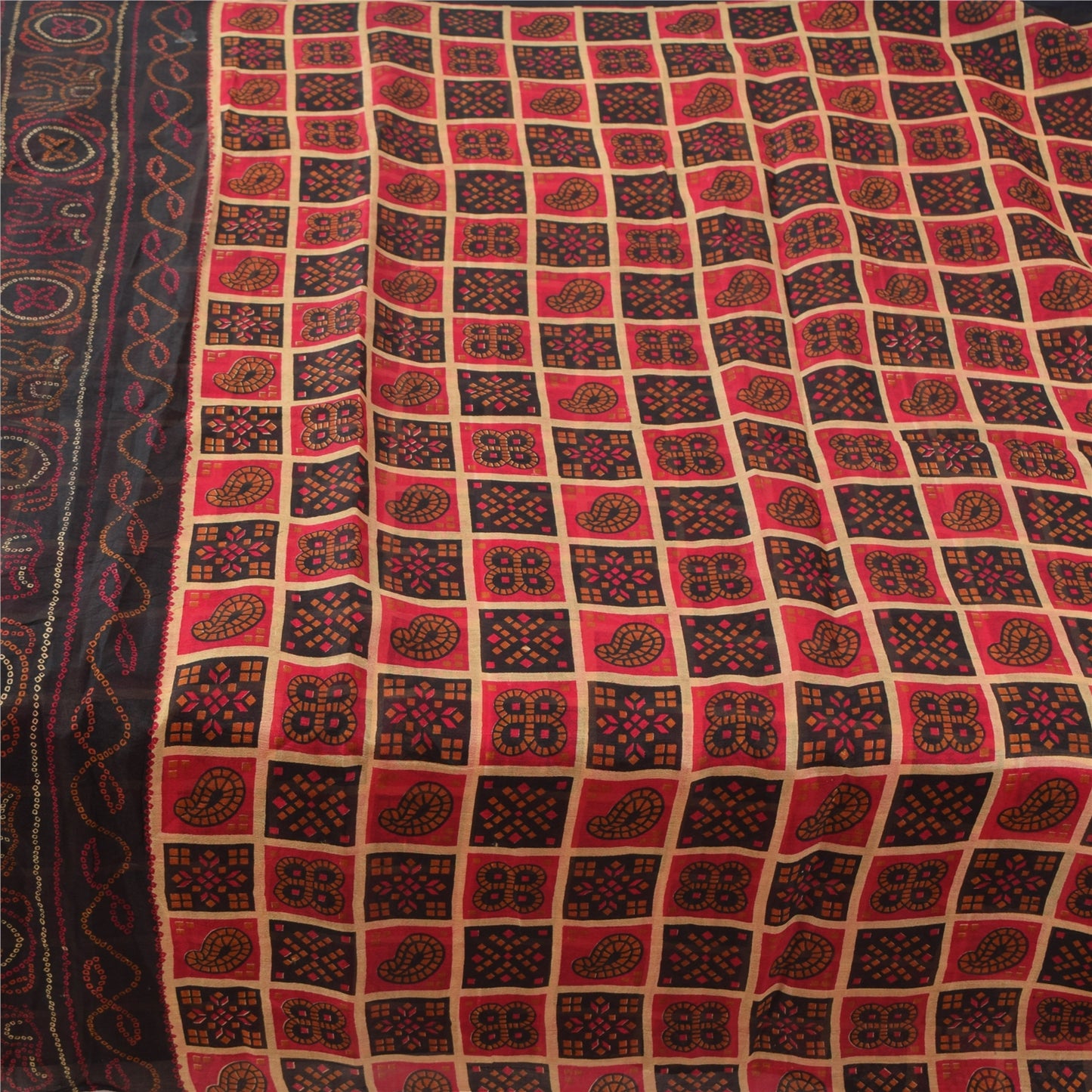 Sanskriti Vintage Sarees Red/Black Bandhani Pure Silk Printed Sari 5yd Sustainable Fabric