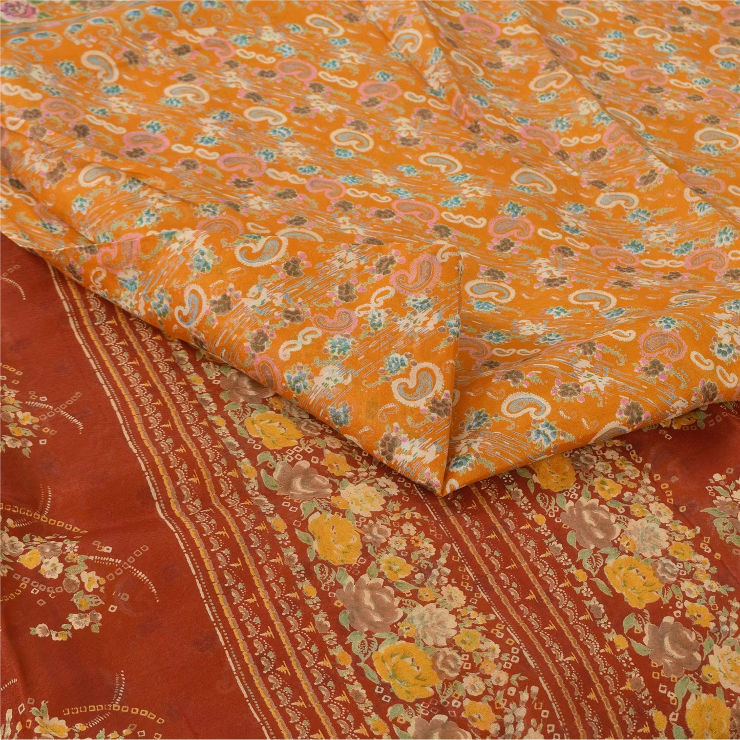 Sanskriti Vintage Sarees Yellow Indian Pure Silk Printed Sari 6yd Craft Sustainable Fabric