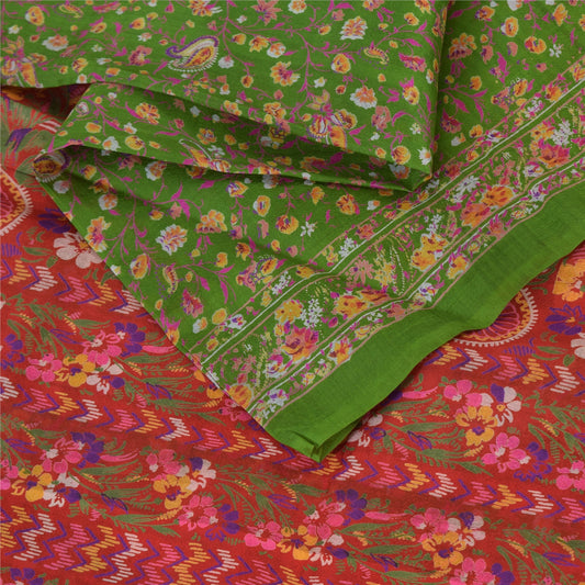 Sanskriti Vintage Sarees Green/Pink Pure Silk Printed Sari 5yd Craft Sustainable Fabric