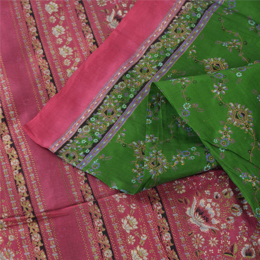 Sanskriti Vintage Sarees Green/Pink 100% Pure Silk Printed Sari 5yd Craft Sustainable Fabric