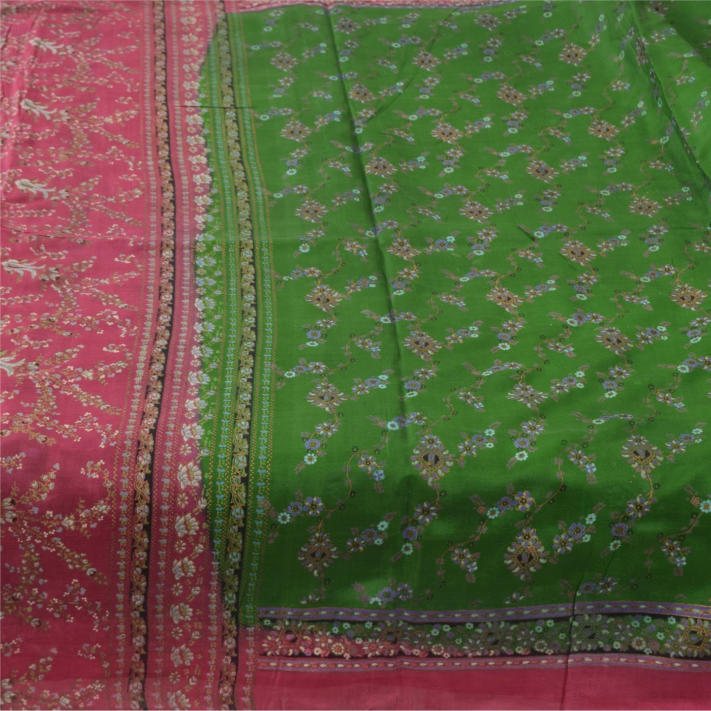 Sanskriti Vintage Sarees Green/Pink 100% Pure Silk Printed Sari 5yd Craft Sustainable Fabric