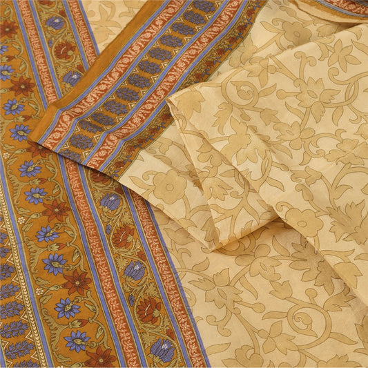 Sanskriti Vintage Sarees Beige Indian Pure Silk Printed Sari 5yd Craft Sustainable Fabric