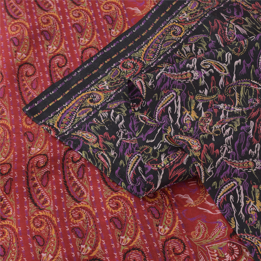Sanskriti Vintage Sarees Indian Black/Red Pure Silk Print Sari 6yd Craft Sustainable Fabric