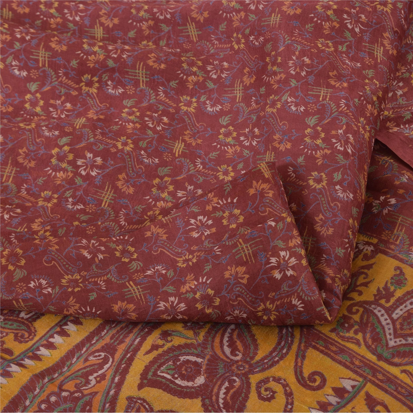 Sanskriti Vintage Sarees Indian Dark Red Pure Silk Printed Sari 5yd Craft Sustainable Fabric