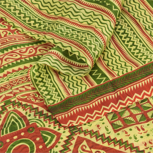 Sanskriti Vintage Sarees Green/Red 100% Pure Silk Printed Sari 5yd Craft Sustainable Fabric