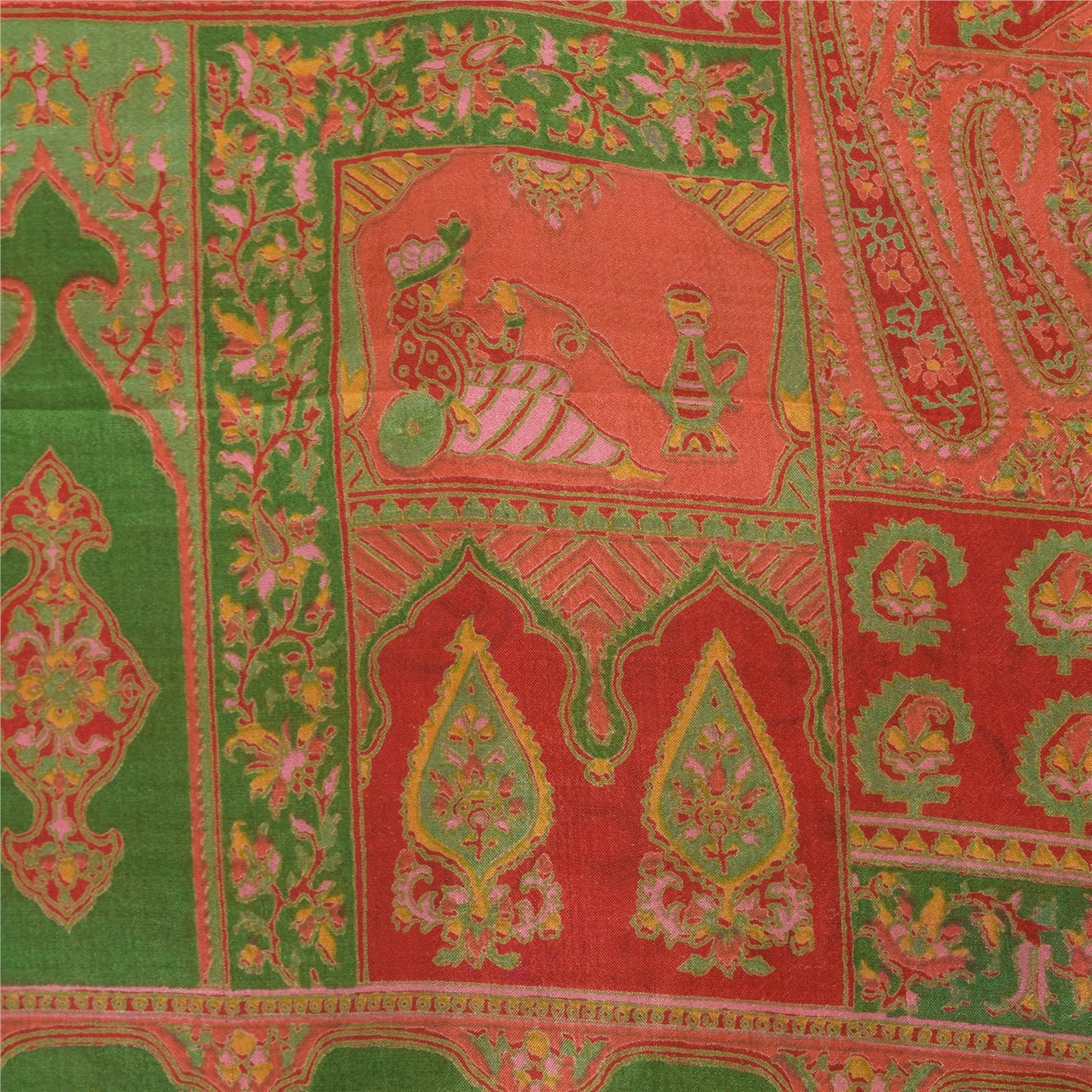 Sanskriti Vintage Sarees Red/Green 100% Pure Silk Printed Sari 6yd Craft Sustainable Fabric