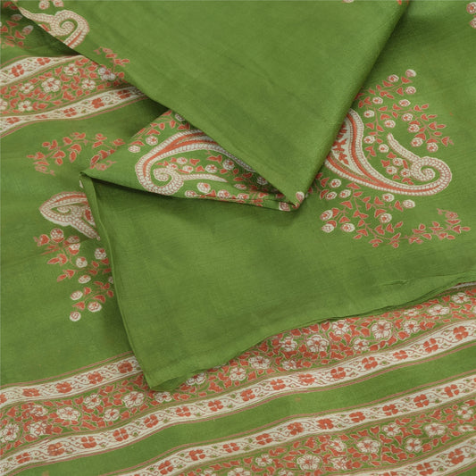 Sanskriti Vintage Sarees Green Indian Pure Silk Printed Sari 6yd Craft Sustainable Fabric
