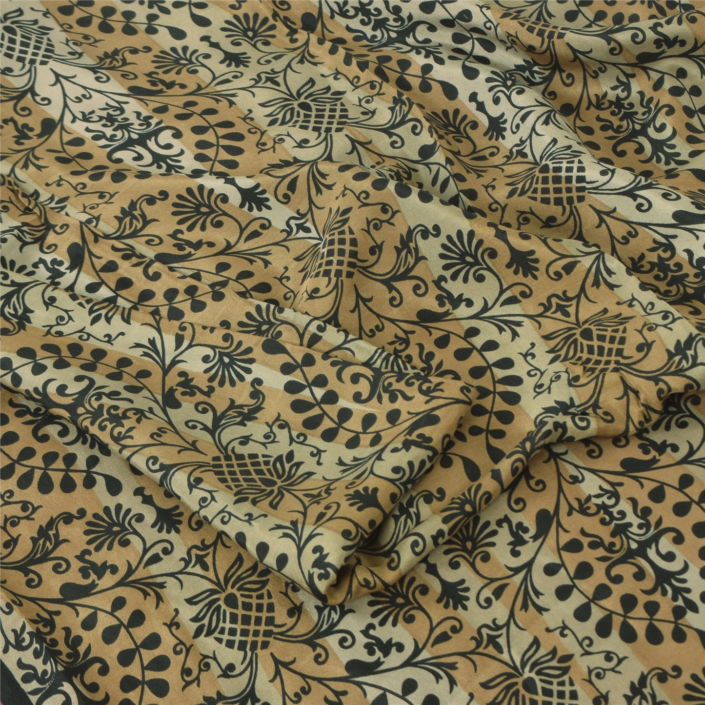 Sanskriti Vintage Sarees Cream Pure Silk Floral Printed Sari 5+yd Craft Fabric
