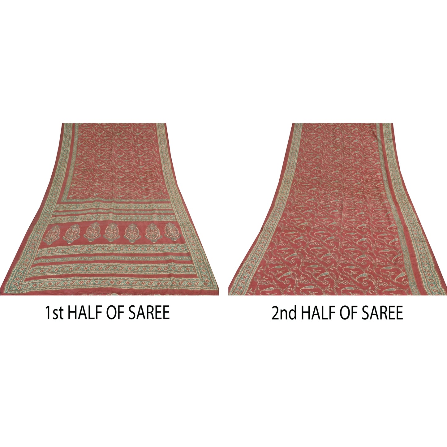 Sanskriti Vintage Sarees Red Pure Silk Paisley Printed Sari 5+yd Craft Fabric