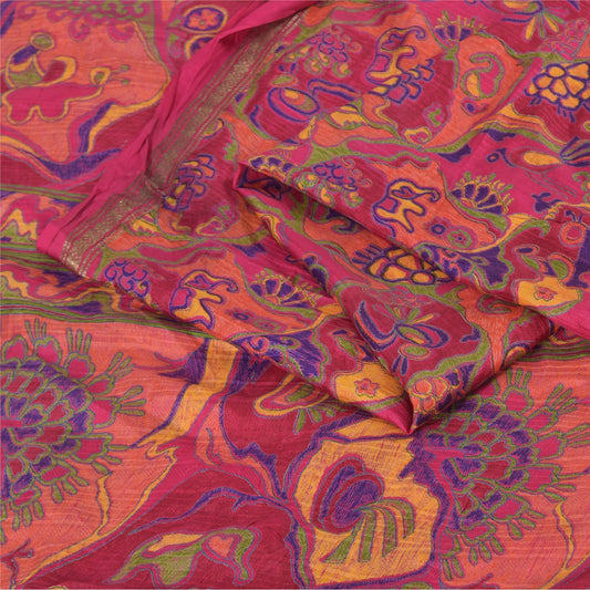 Sanskriti Vintage Pink Pure Silk Saree|Sari 5 YD Floral Print Decor Craft Fabric