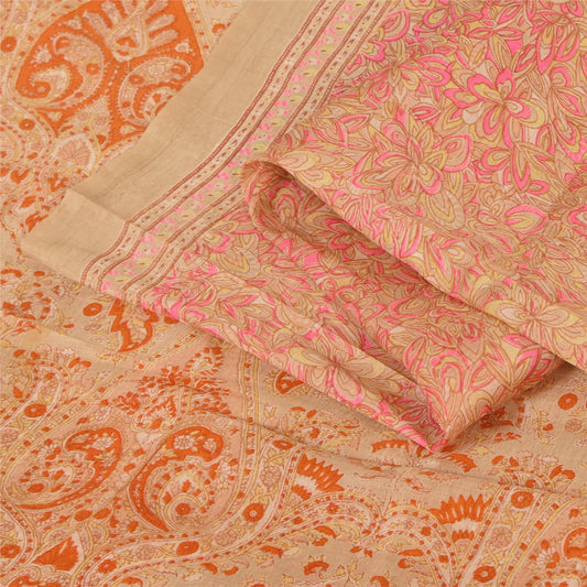 Sanskriti Vintage Sarees Light-Brown Pure Silk Printed Sari 5yd Craft Sustainable Fabric