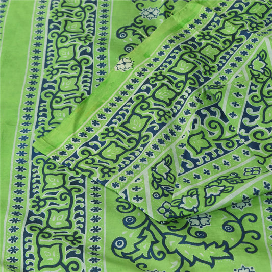 Sanskriti Vintage Sarees Green Indian Pure Silk Printed Sari 5+yd Craft Fabric
