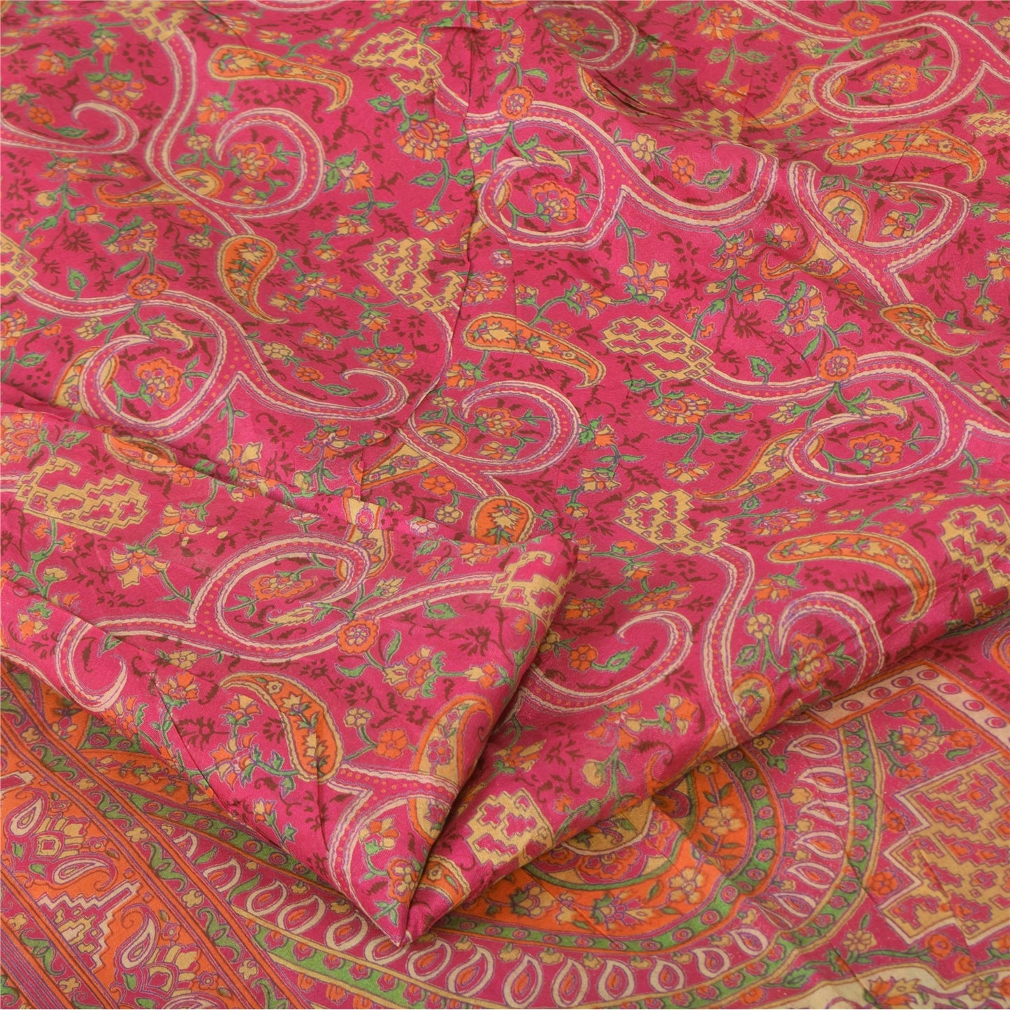 Sanskriti Vintage Sarees Dark Pink 100% Pure Silk Printed Sari 5yd Craft Sustainable Fabric