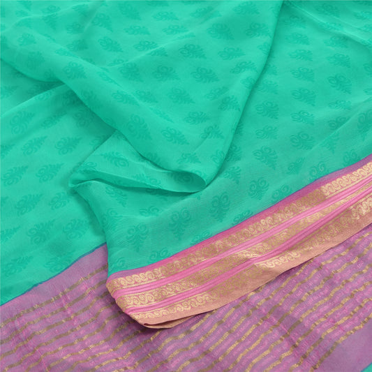Sanskriti Vintage Sarees Sea-Green Pure Chiffon Silk Block Print Sari 6yd Sustainable Fabric
