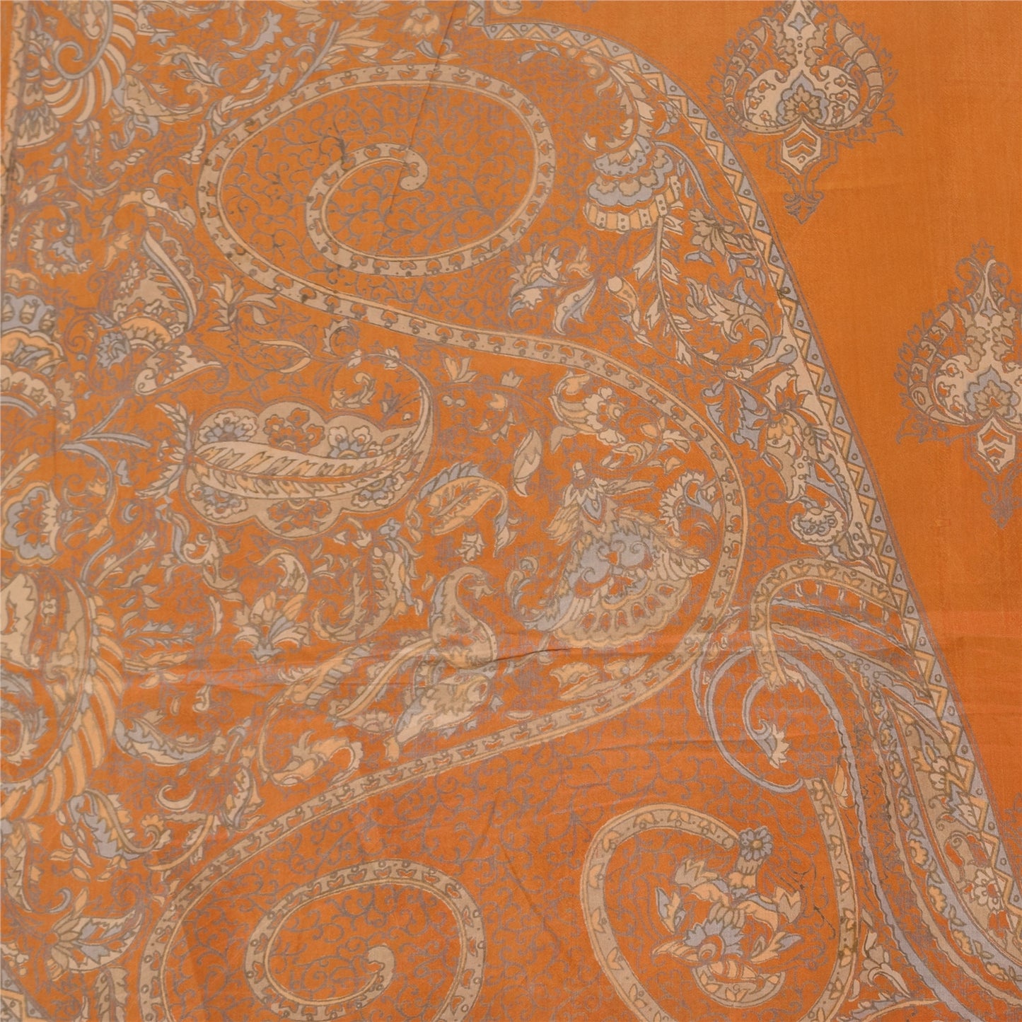 Sanskriti Vintage Sarees Saffron Indian Pure Silk Printed Sari 6yd Craft Sustainable Fabric