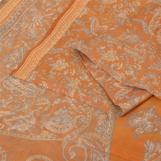 Sanskriti Vintage Sarees Saffron Indian Pure Silk Printed Sari 6yd Craft Sustainable Fabric