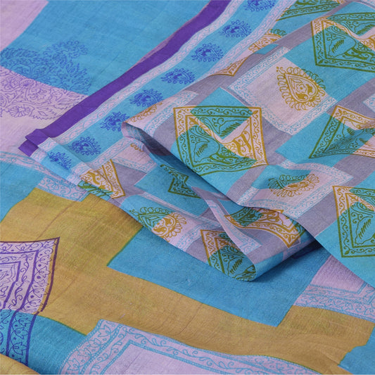 Sanskriti Vintage Sarees Multicolor 100% Pure Silk Printed Sari 5yd Craft Sustainable Fabric