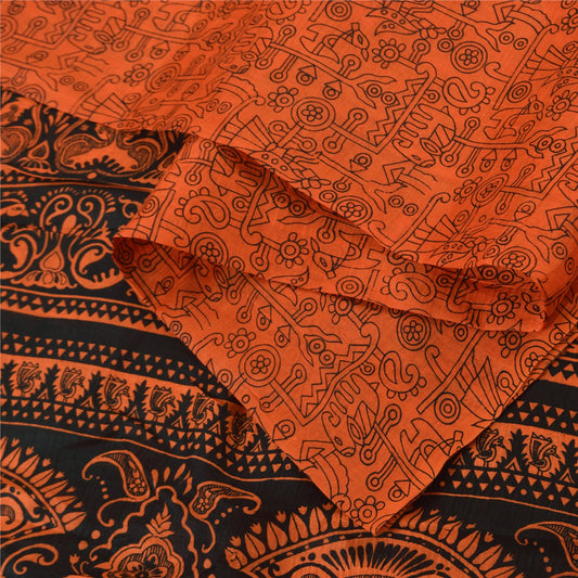 Sanskriti Vintage Sarees Orange Peacock Pure Silk Printed Sari 5yd Craft Sustainable Fabric