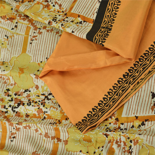 Sanskriti Vintage Sarees Orange/Ivory Pure Silk Printed Sari 5yd Craft Sustainable Fabric