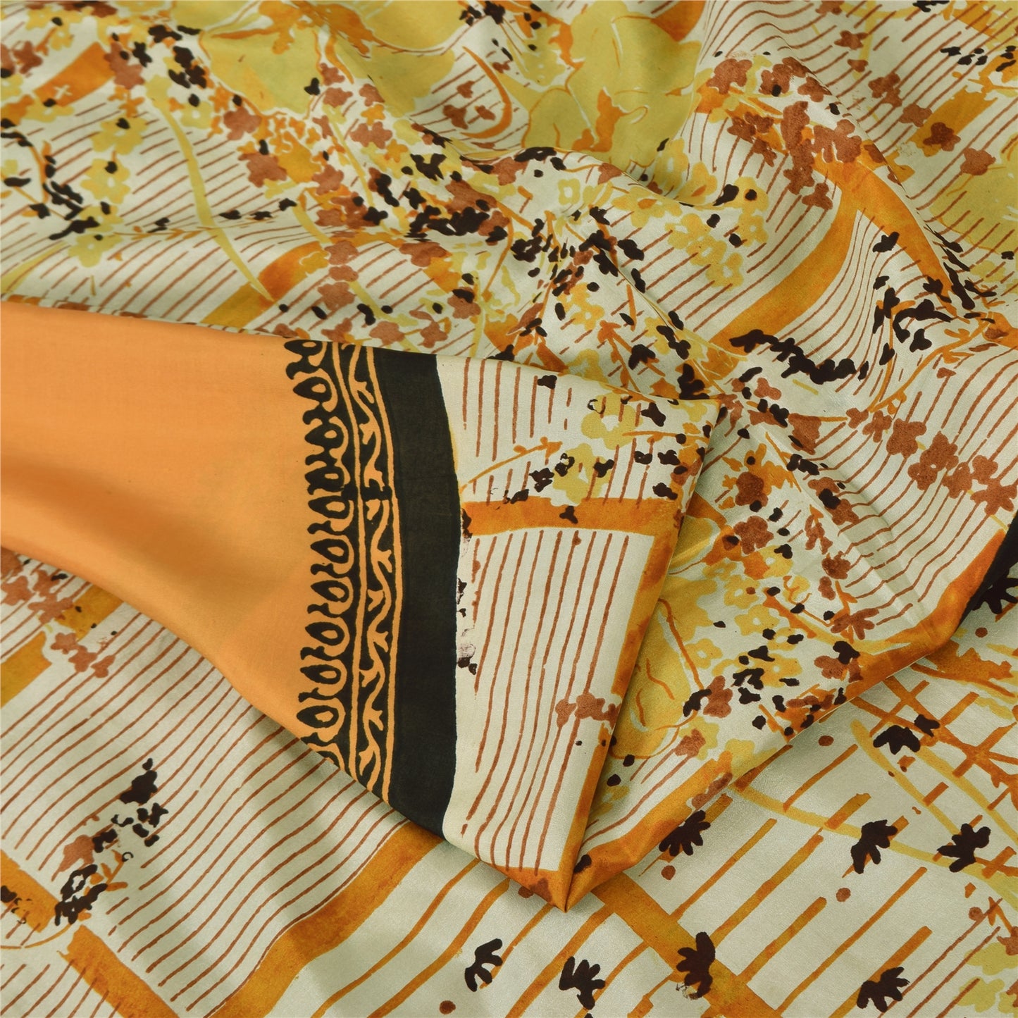 Sanskriti Vintage Sarees Orange/Ivory Pure Silk Printed Sari 5yd Craft Sustainable Fabric