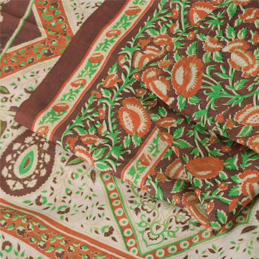 Sanskriti Vintage Sarees Indian Brown Pure Silk Printed Sari 5yd Craft Sustainable Fabric