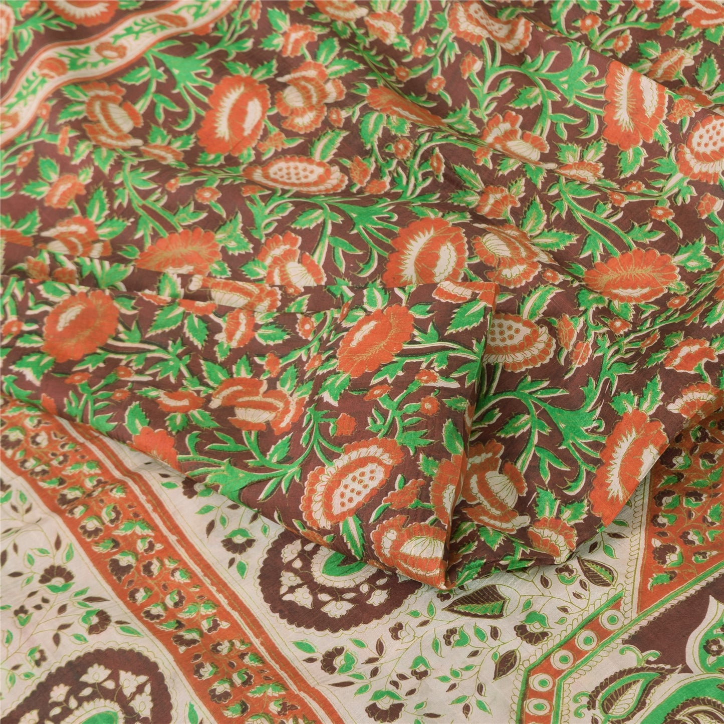 Sanskriti Vintage Sarees Indian Brown Pure Silk Printed Sari 5yd Craft Sustainable Fabric