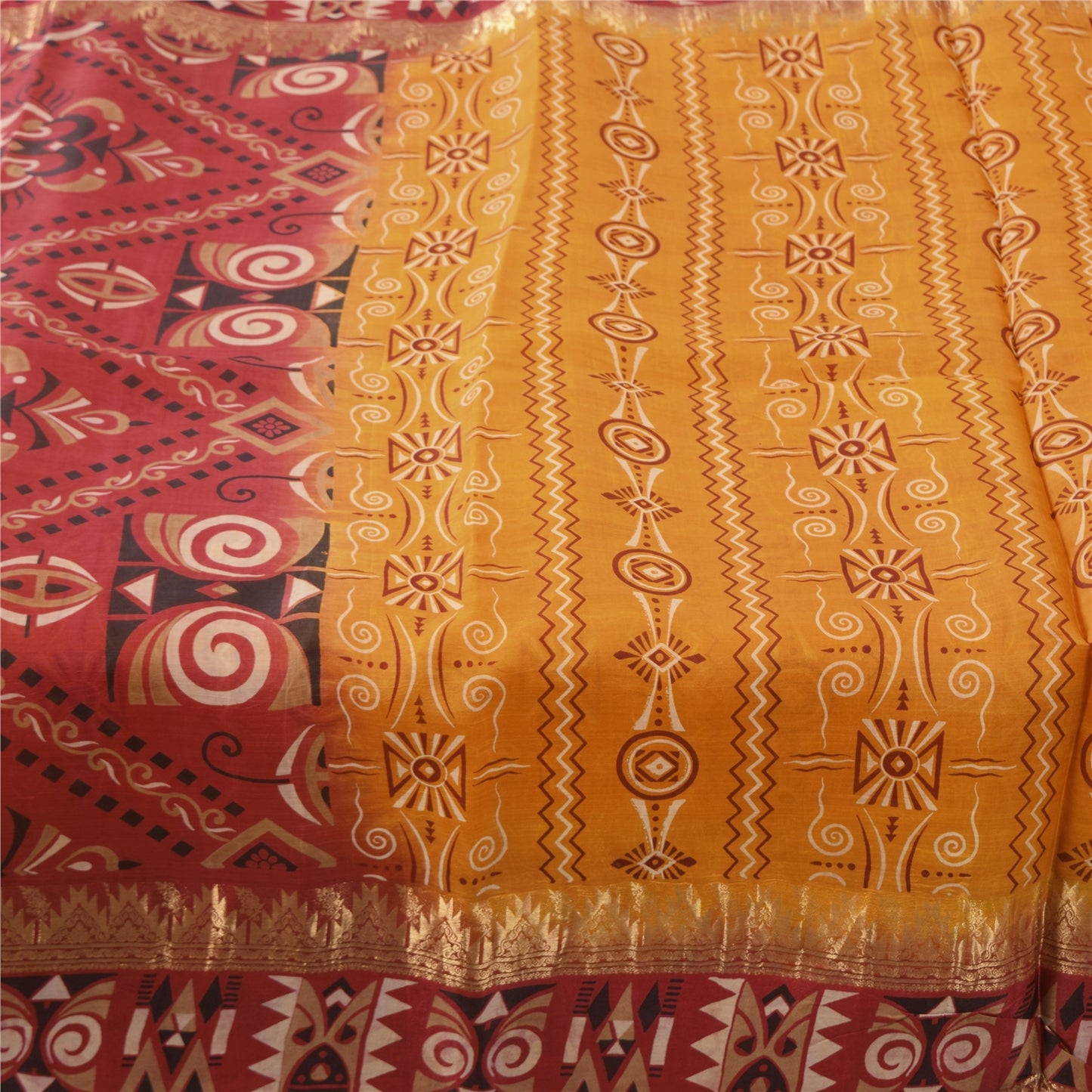 Sanskriti Vintage Sarees Yellow/Red Zari Border Pure Silk Print Sari 5yd Sustainable Fabric