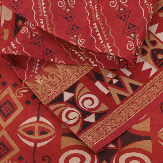 Sanskriti Vintage Sarees Yellow/Red Zari Border Pure Silk Print Sari 5yd Sustainable Fabric