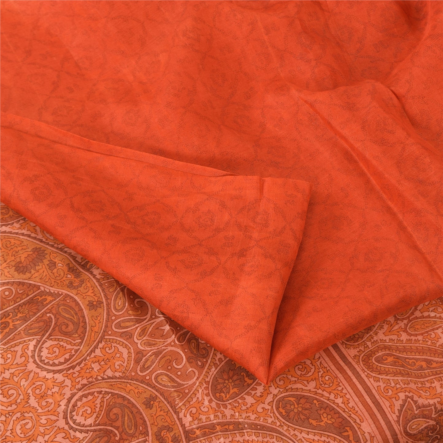 Sanskriti Vintage Sarees Orange Pure Silk Printed Sari 5yd Craft Sustainable Fabric