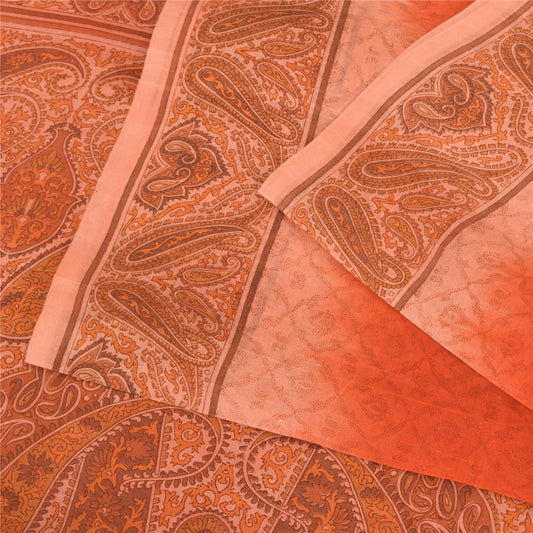 Sanskriti Vintage Sarees Orange Pure Silk Printed Sari 5yd Craft Sustainable Fabric