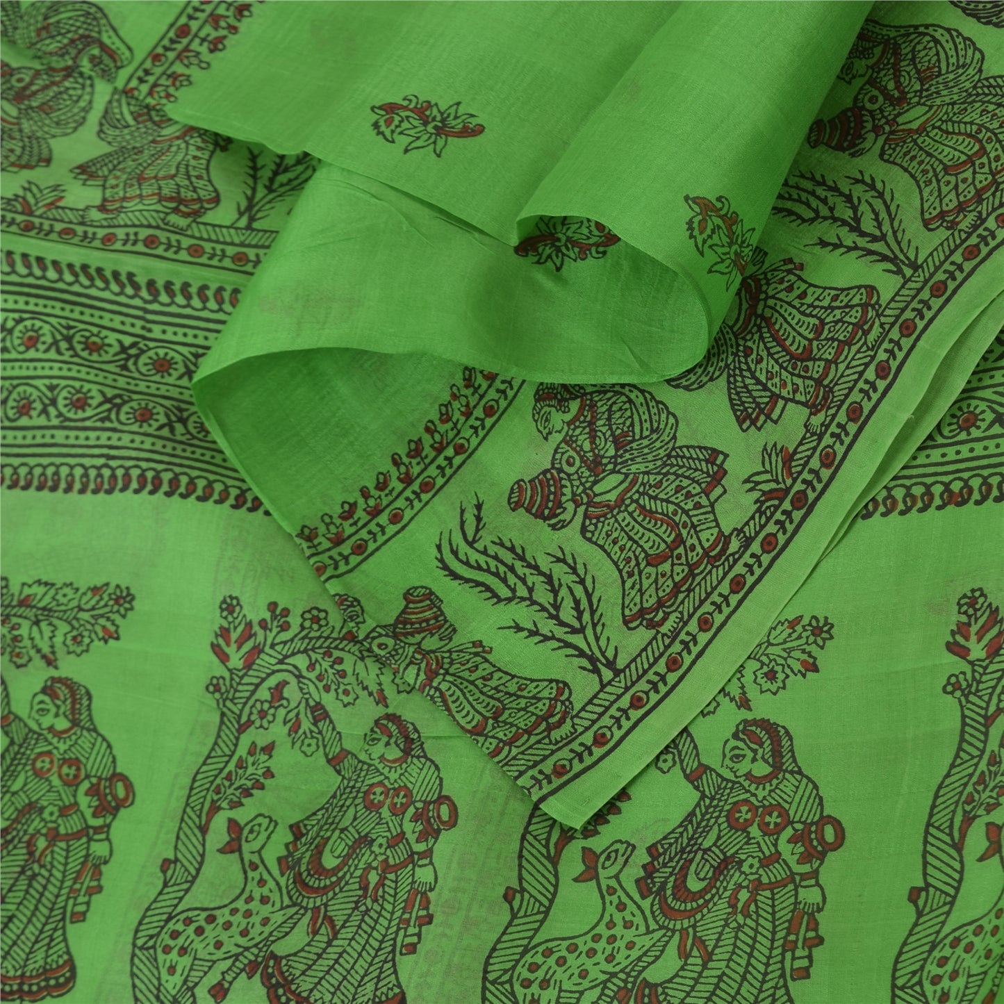 Sanskriti Vintage Sarees Green Pure Silk Women Printed Sari 5yd Craft Sustainable Fabric