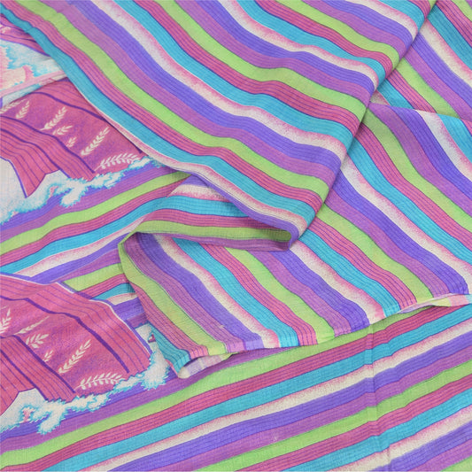 Sanskriti Vintage Sarees Multicolor Pure Silk Printed Sari 5+yd Craft Sustainable Fabric