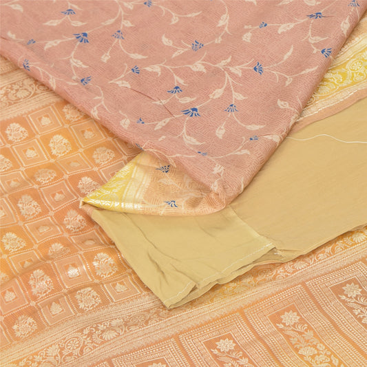 Sanskriti Vintage Sarees Pink Pure Silk Print Brocade Woven Sari 6+yd Fabric