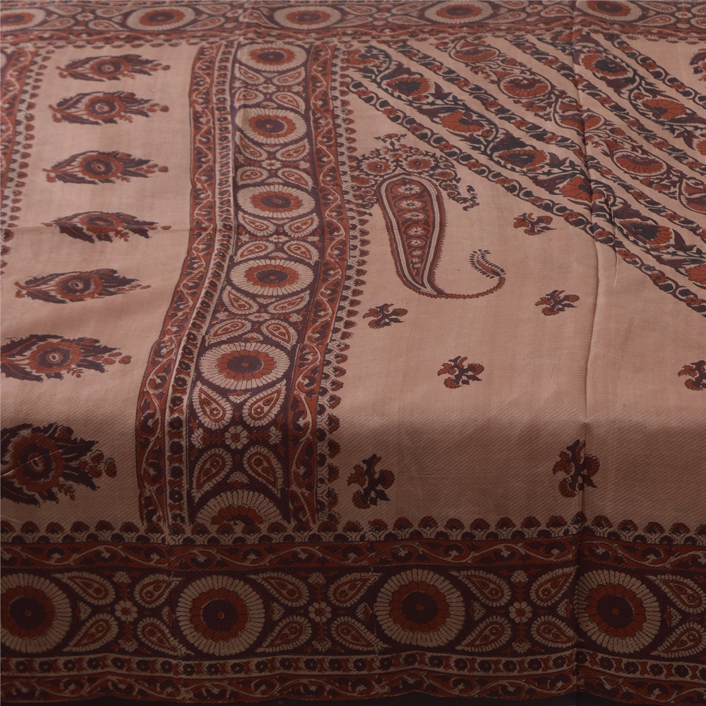 Sanskriti Vintage Sarees Peach/Brown Pure Silk Printed Sari 5+yd Craft Sustainable Fabric