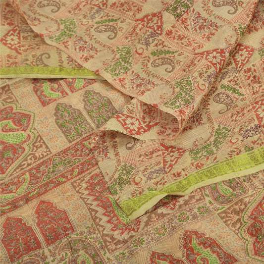 Sanskriti Vintage Sarees Beige Indian Pure Silk Printed Sari 6+yd Craft Sustainable Fabric