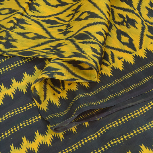 Sanskriti Vintage Sarees Yellow/Black Pure Silk Ikat Printed Sari 6+yd Sustainable Fabric