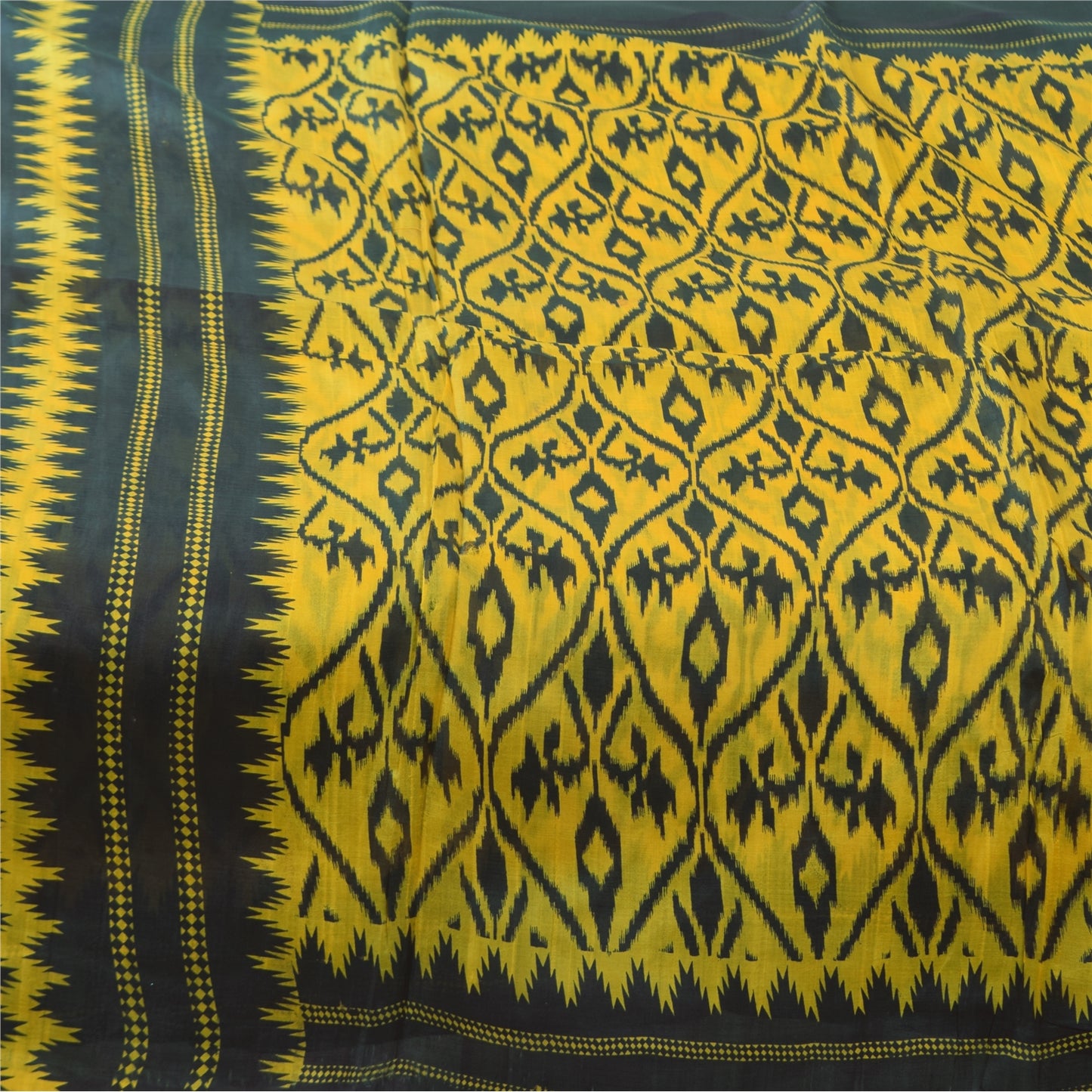 Sanskriti Vintage Sarees Yellow/Black Pure Silk Ikat Printed Sari 6+yd Sustainable Fabric