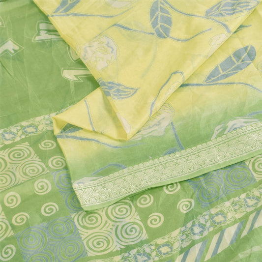 Sanskriti Vintage Sarees Lemon/Green Pure Silk Printed Sari 5+yd Craft Sustainable Fabric