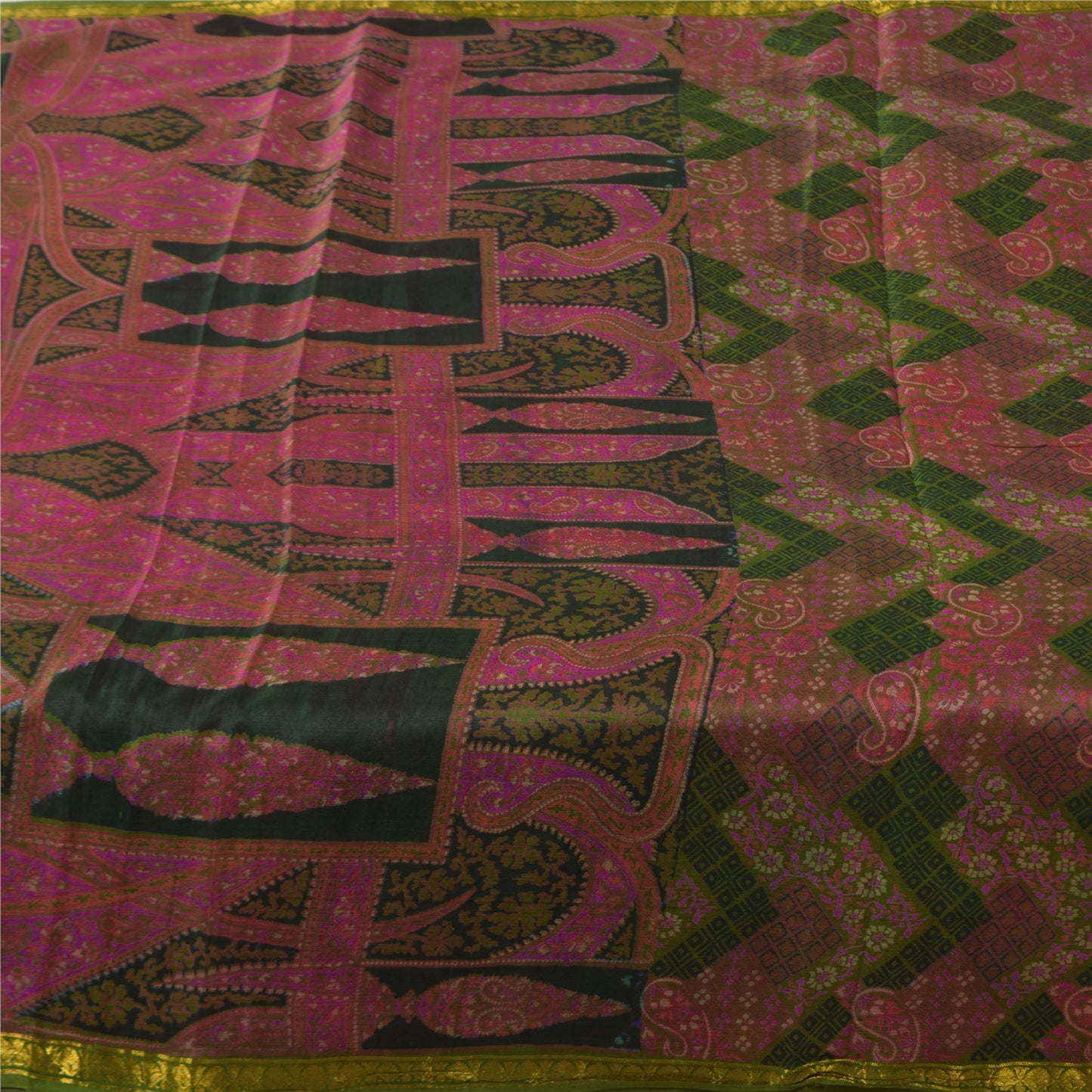 Sanskriti Vintage Sarees Pink/Green Zari Border Pure Silk Print Sari 6+yd Sustainable Fabric