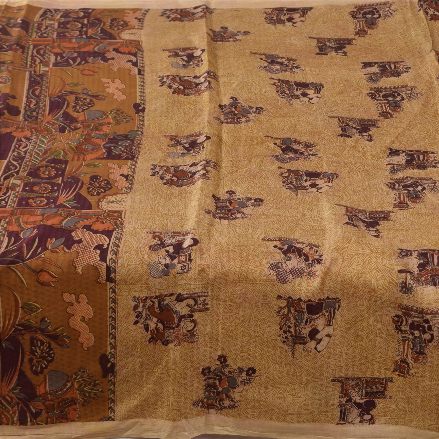 Sanskriti Vintage Sarees Cream Human Printed Pure Silk Sari 5+yd Craft Sustainable Fabric
